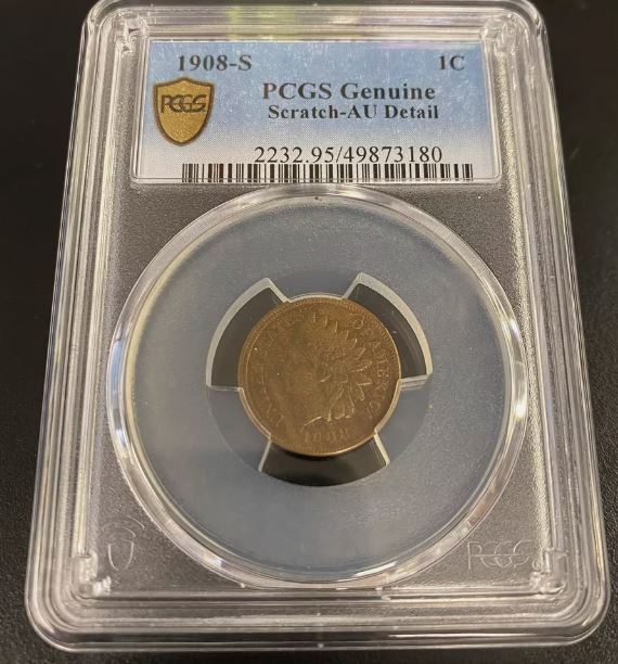 1908-S San Francisco Mint Indian Head Cent PCGS Genuine Scratch AU-Detail