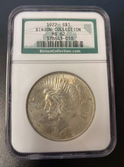 1922 PEACE SILVER DOLLAR BINION COLLECTION MS-62 $1