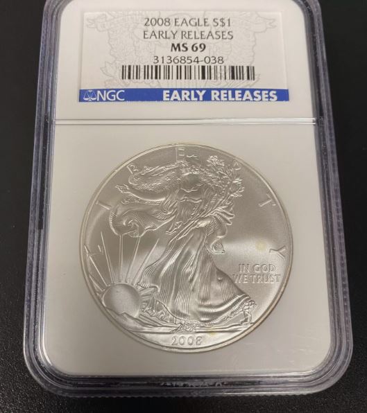 2008 $1 AMERICAN SILVER EAGLE NGC MS69 EARLY RELEASES BLUE LABEL