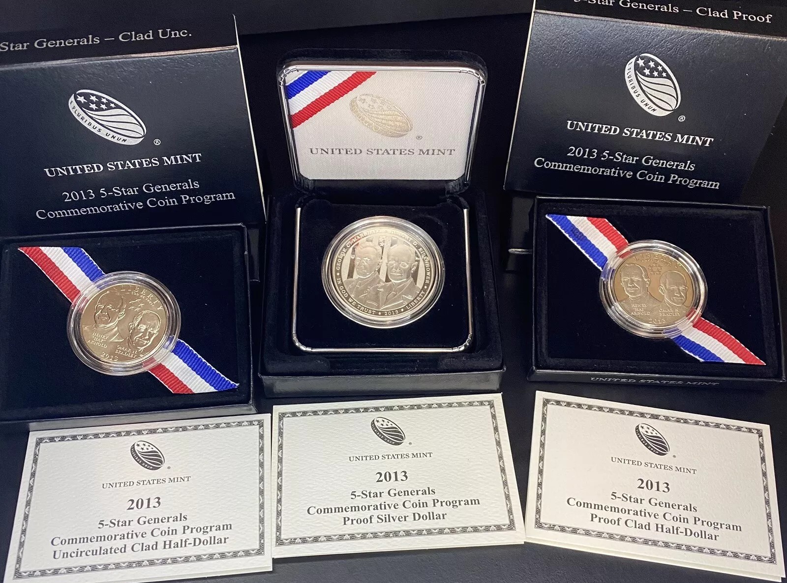 (3) 2013 DSW 5 Star Generals SILVER PROOF + UNC + PROOF Silver Dollar Coin COA