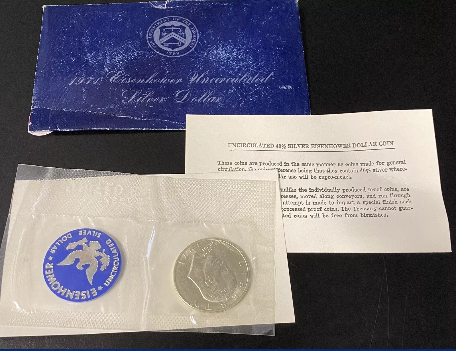 1971-S Eisenhower 40% Silver Dollar BU Mint Cello Blue Envelope Soft Pack