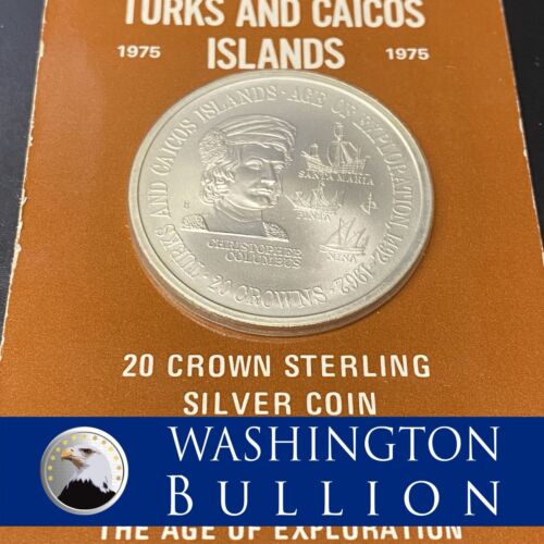 1975 Turks and Caicos Islands Age Of Exploration Silver 20 Crown Specimen UNC