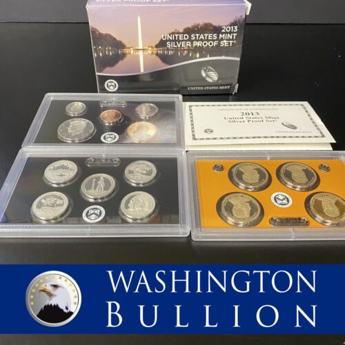 2013 US Mint Silver Proof Set, 14 Coins, w/COA, 5 State Quarters, 4 Presidents