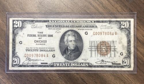 1929 Twenty Dollar Bill $20 National Currency - Chicago Illinois