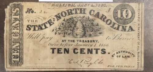 1863 10 CENTS THE STATE OF NORTH CAROLINA RALEIGH, NC OBSOLETE SCRIP NOTE 