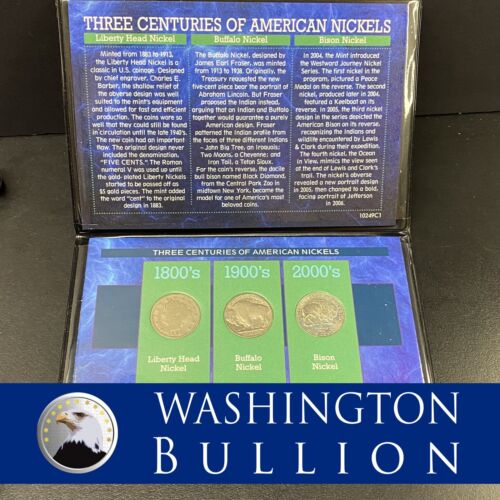 Three Centuries of American Nickels 3 Coin Set liberty, bison buffalo with COA