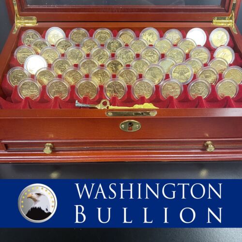 Full Set Of 50 US State Quarters Gold Plated, In Capsules W/ Glass Display Case