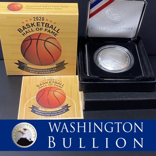 2020-P Basketball Hall of Fame Uncirc Silver Dollar Curved Coin Box and COA OGP