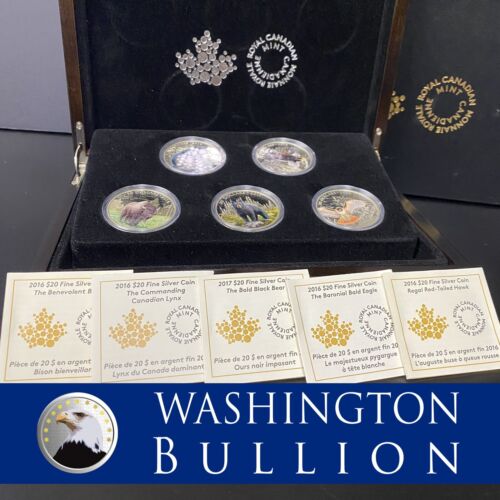 2016-17 $20 MAJESTIC ANIMALS II PURE SILVER 5 COIN Set Wood Display Box & COAs