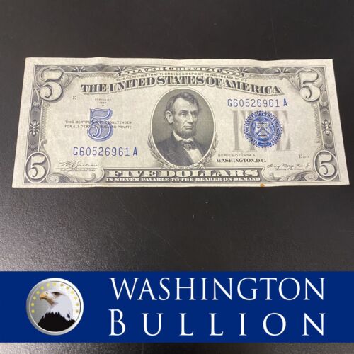 1934 $5 Five Dollar Silver Certificate Blue Seal, circulated US Currency Money