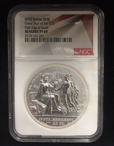 2022 France Reverse Proof PF69 NGC Great Seal of the U.S. 999 Silver + COA & Box