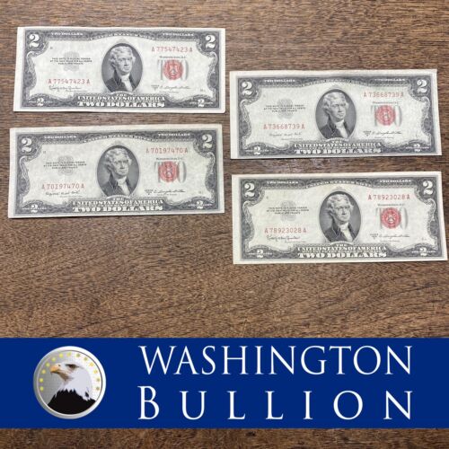 Lot of Four (4) - 1953 Red Seal Two Dollar Bills | $2 Notes Circulated *Crisp