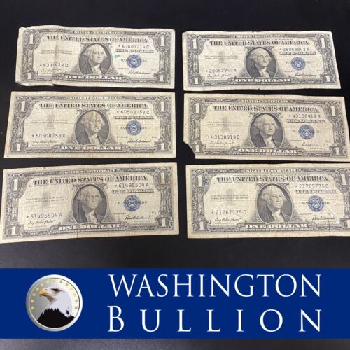 Lot of Six (6) - 1957 $1 One Dollar Silver Certificate Circulated STAR NOTE