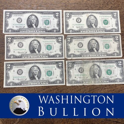 Lot Of 6 - 1976 & 1995 - Green Seal $2.00 Dollar Federal Reserve Notes