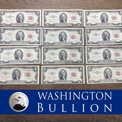 Lot of Twelve (12) - 1953 Red Seal Two Dollar Bills | $2 Notes Circulated *Crisp