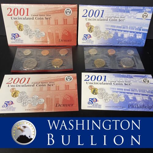 2001 P&D US Mint Set BU US with Envelope & COA (10 Coin Set) NO quarters