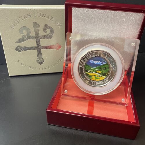 2021 Kingdom Of Bhutan Lunar Year of The Ox 5 Oz Silver Proof Coin Box & COA