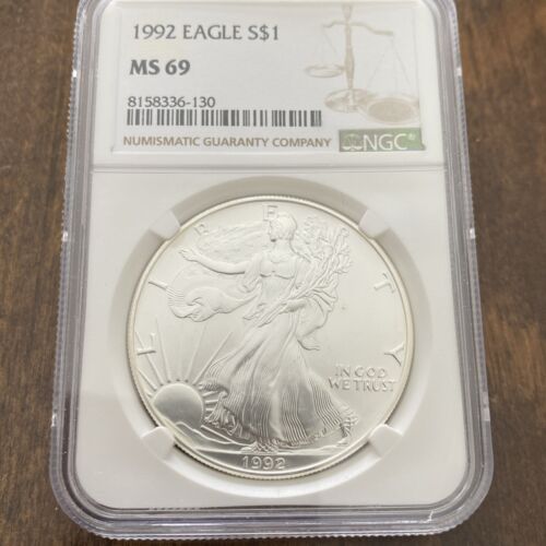 1992 $1 AMERICAN SILVER EAGLE NGC MS69 CLASSIC BROWN LABEL