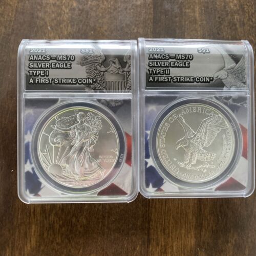 2021 SILVER EAGLE $1 ANACS MS70 FIRST STRIKE 2 COIN SET BOTH TYPE 1 & TYPE 2