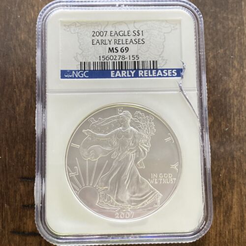 2007 $1 American Silver Eagle NGC MS69 EARLY RELEASES Blue Label *Case Damage