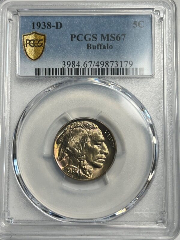 1938 d buffalo nickel ms67 pcgs “great toning”