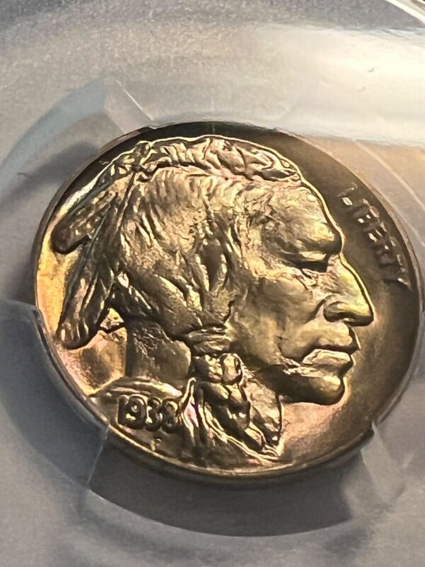 1938 d buffalo nickel ms67 pcgs “great toning”