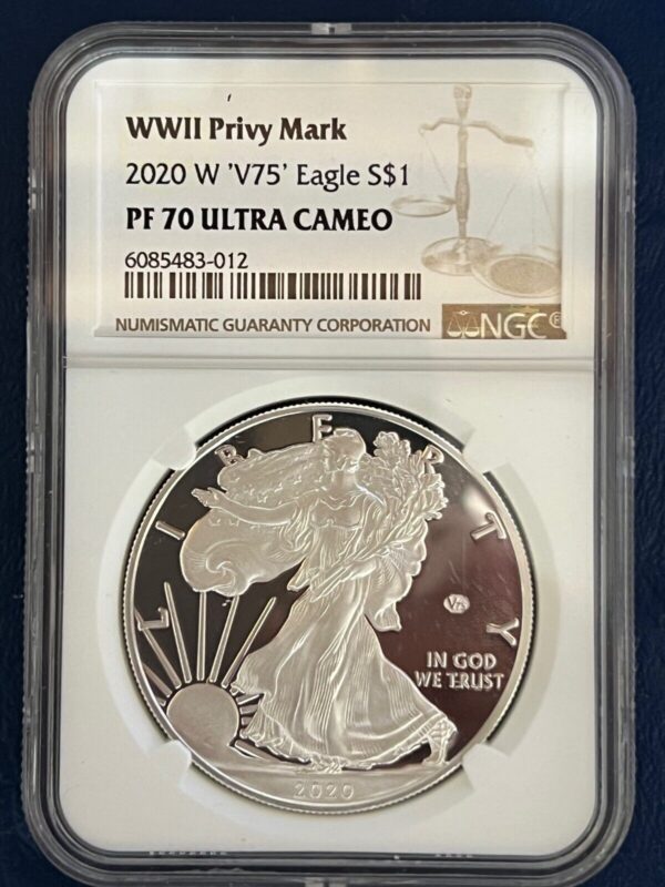 2020-W Proof Silver American Eagle WWII Privy Mark V75 NGC PR70 Ultra Cameo $1