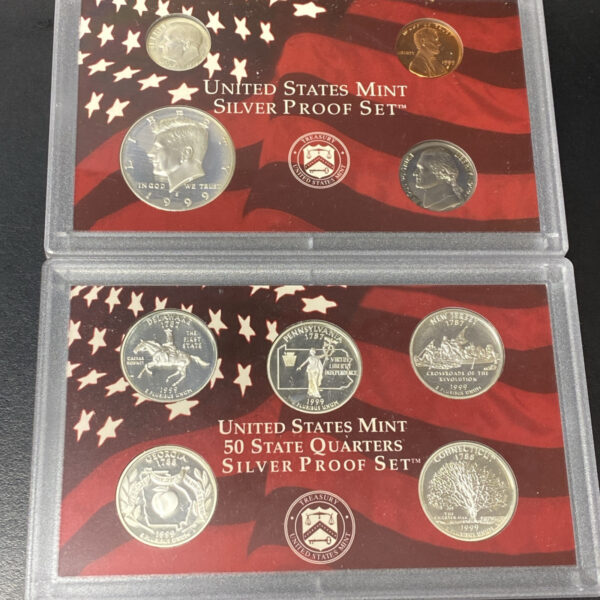 1999-S US Mint Silver Proof Set OGP COA & Box 9 Coins 90% Cameo Quarters WornBox