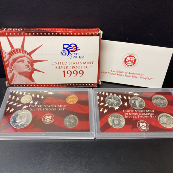 1999-S US Mint Silver Proof Set OGP COA & Box 9 Coins 90% Cameo Quarters WornBox