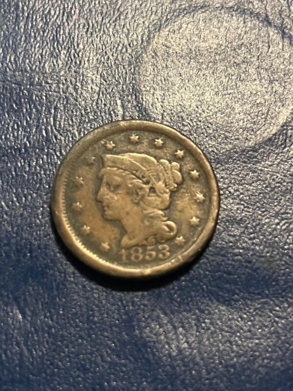 1853 Braided Hair Large Cent US Copper Coin BN  damage