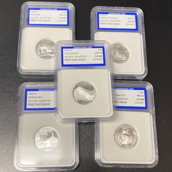 2006-S Silver State Quarter 25c 5 Coin Proof Set IGS PR70 DCAM First Day Issue