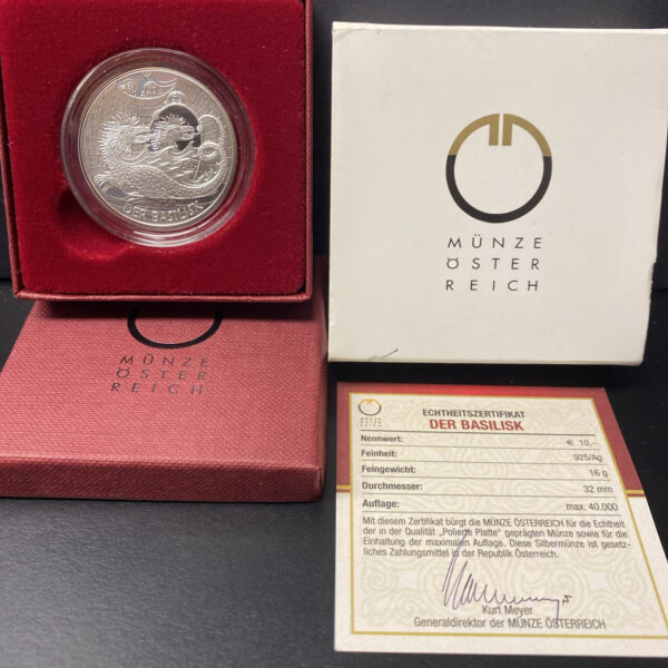 2009 Austria 10 Euros Silver Proof Coin - Basilisk of Vienna No. 22399