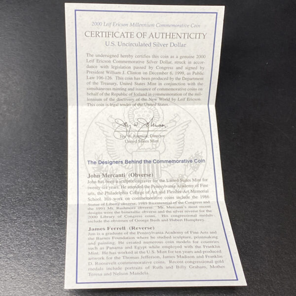 2000-P $1 Leif Ericson Millennium Commemorative Uncirculated Silver Dollar w COA