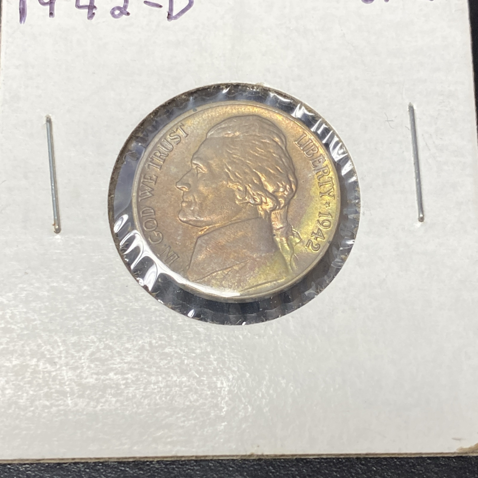 1942-D Jefferson Nickel Beautiful Toning! Gold Yellow Purple Green