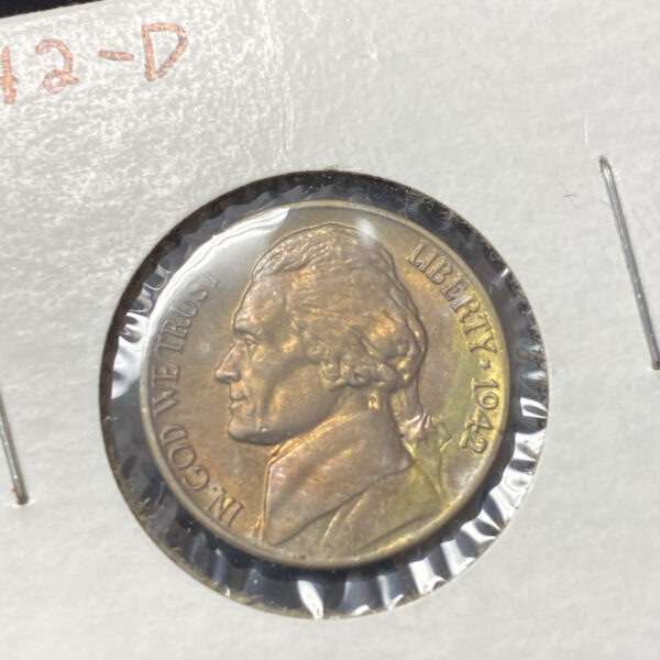 1942-D Jefferson Nickel Beautiful Toning! Gold Yellow Purple Green