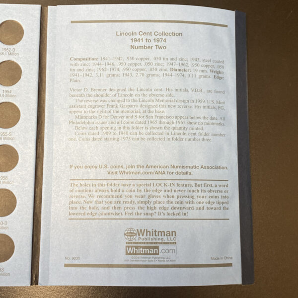 Whitman Lincoln Cent Penny Coin Folder Number Two Album Book 1941 - 1974 LikeNEW
