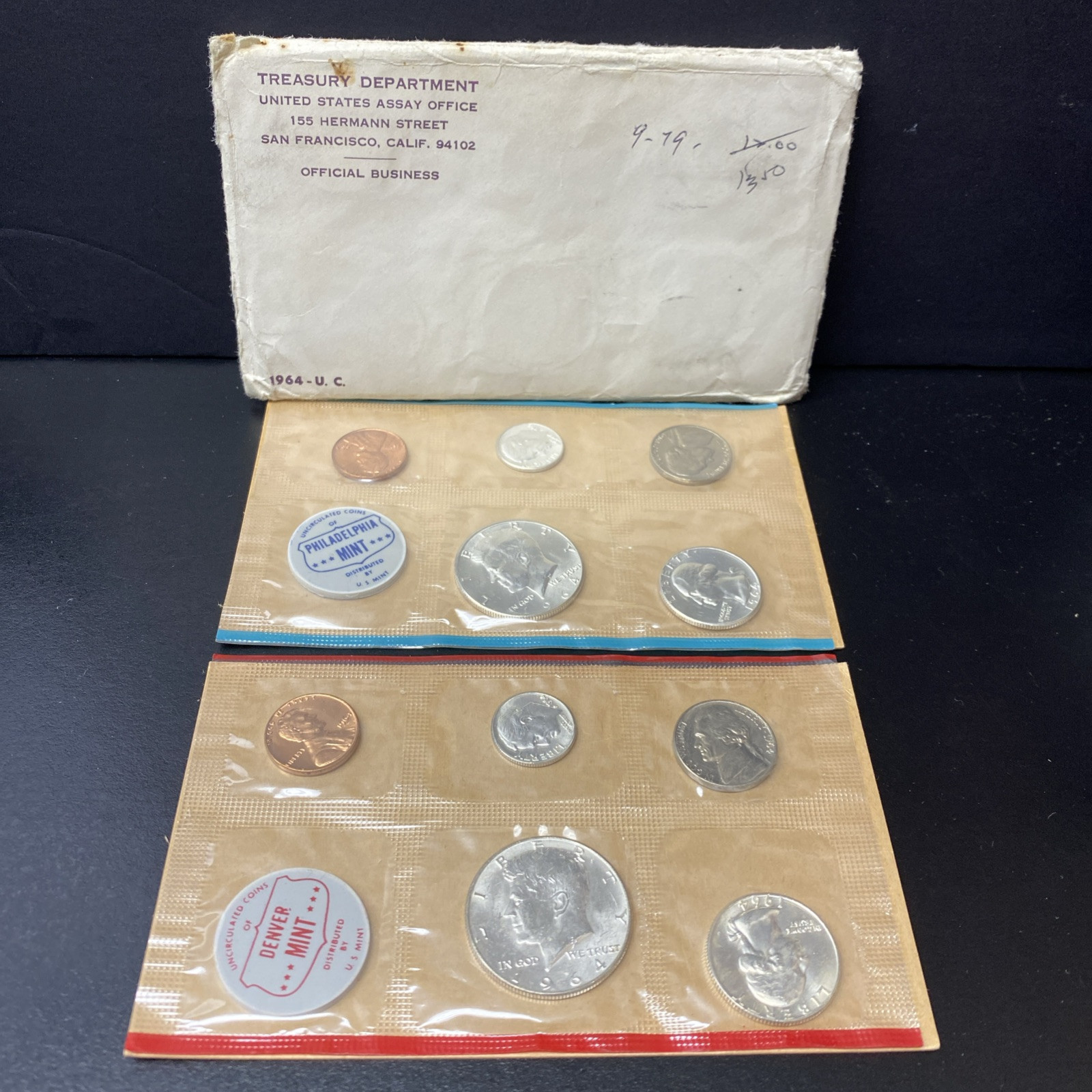 1964 U.S. Mint Set 10 Coins Envelope Philadelphia Denver Mint Silver Half Dollar