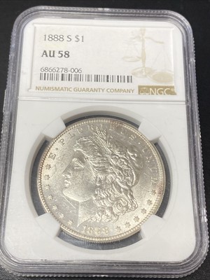 1888-S Morgan Silver Dollar NGC Almost Uncirculated AU 58 Key Date Bright White!
