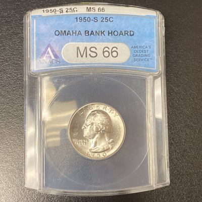 1950-S Washington Silver Quarter 25c ‘Omaha Bank Hoard ANACS MS 66 San Francisco