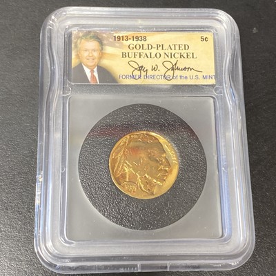24K Gold Plated 1937 Buffalo Nickel US Collectors Coin Slab Jay Johnson Signed