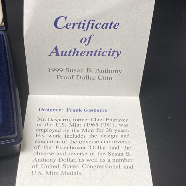 1999 -P  $1 Proof Susan B Anthony Dollar Coin with Original Box & COA US Mint