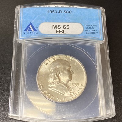 1953-D Franklin Silver Half Dollar ANACS MS 65 FBL 50c Denver Full Bell Lines