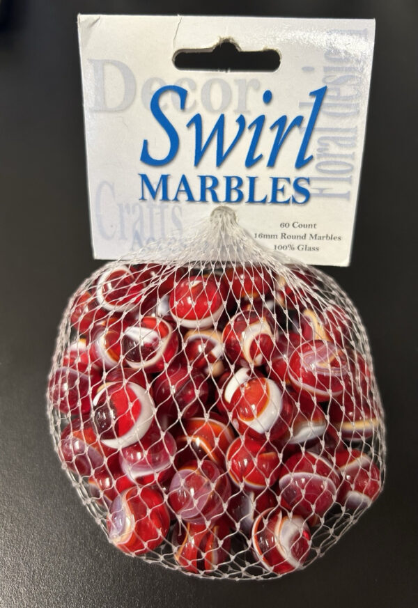 Red & White Swirl Marbles Mega Marbles Net Bag 60 Count 16mm Round