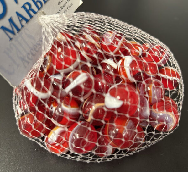 Red & White Swirl Marbles Mega Marbles Net Bag 60 Count 16mm Round
