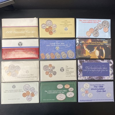 1986-1998 US Mint Uncirculated Set Envelope BU Coins (12 Annual Sets NO ‘96) OGP