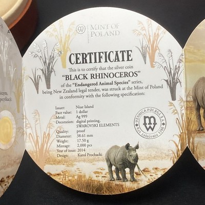 2014 Niue Silver Coin Endangered Animal Species - Black Rhinoceros - Swarovski