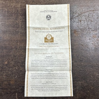 1992 Columbus Quincentenary Commemorative Two-Coin Proof Set OGP & COA
